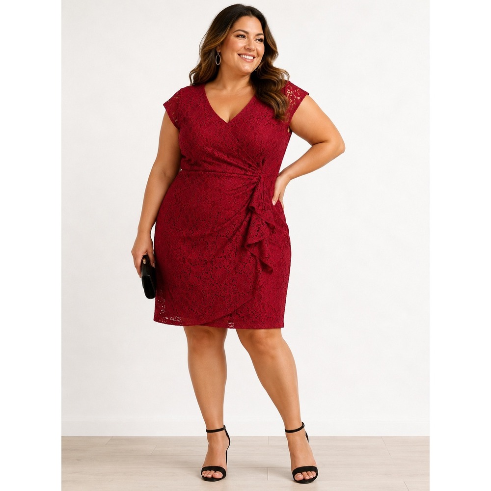 Metaphor Lace Sheath Dress Womens 20W Red Faux Wrap Ruffle Cocktail Romantic NWT